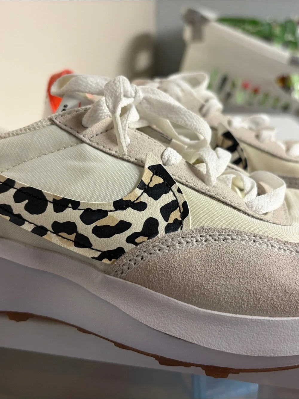 Nike Retro Runner Sneakers with Leopard Swoosh - Cream & White